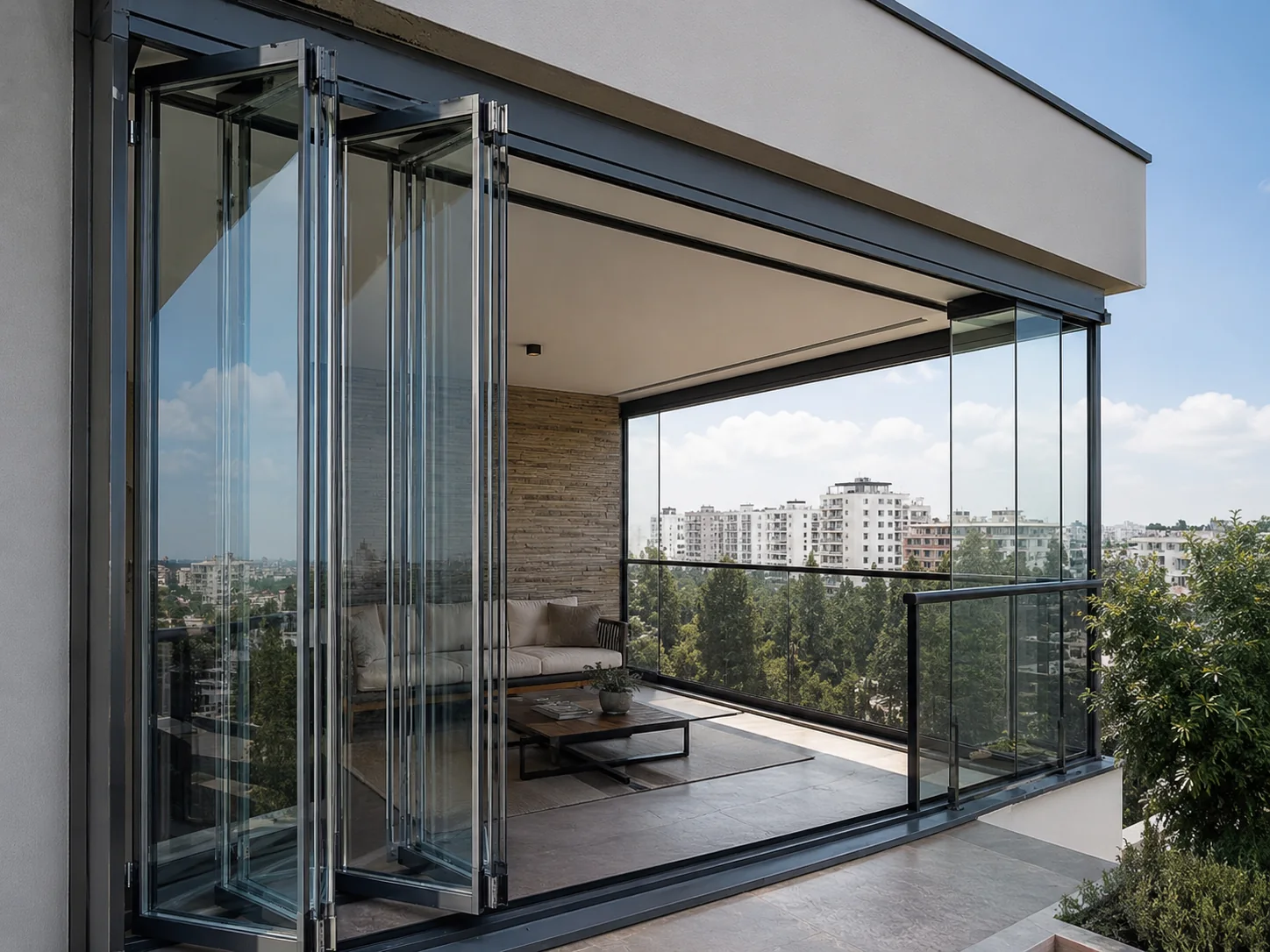 Katlanarak yan tarafta toplanan cam balkon panelleri